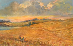 Cornfields em Sunset com vista para o rio Orwell