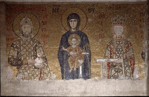 A Virgem sentada entre João II Comneno e sua esposa Irene da Hungria (mosaico, século VI) de Anthemius of and Miletus Isidore of Tralles