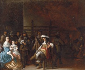 Um interior da sala de guarda com um cavaleiro conversando com mãe e filho de Anthonie Palamedesz