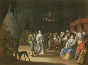 O Banquete, um casal dançando com festa e deleitando-se ao fundo de Anthonie Palamedesz