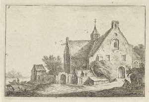 Igreja da vila na água Paisagens com edifícios (título da série) de Anthonie Waterloo