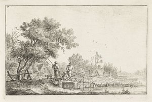 Três pescadores numa ponte
Paisagens com edifícios (título da série) de Anthonie Waterloo