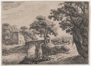 Rebanho perto de uma ponte de pedra, século XVII. de Anthonie Waterloo