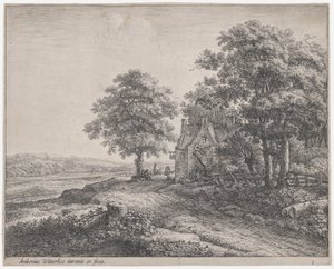 Grande árvore de tília antes de uma pousada, século XVII. de Anthonie Waterloo