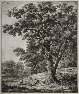 Seis grandes paisagens verticais com cenas de Metamorfoses de Ovídio: A Morte de Adonis de Anthonie Waterloo