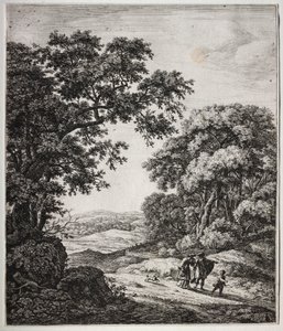 Seis grandes paisagens verticais com cenas do Antigo Testamento: Abraão dispensando Agar e Ismael de Anthonie Waterloo
