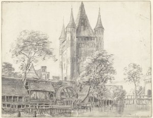 Portão da cidade Altenbrücker Tor e moinho de água em Lüneburg, perto de Hamburgo de Anthonie Waterloo