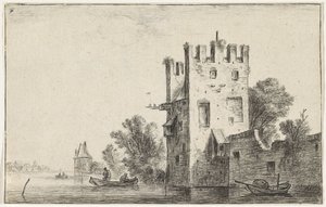 Torre quadrada na água Paisagens com edifícios (título da série) de Anthonie Waterloo