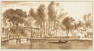 Paisagem fluvial arborizada com ponte levadiça de Anthonie van Borssom (attributed to)