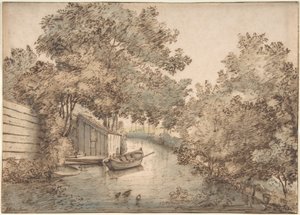 Canal com um barco e patos de Anthonie van Borssom