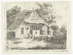 Mulher dobrada por um cesto em frente de uma casa em Staphorst de Anthonie van den Bos