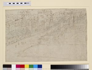 Borough High Street, com St. Mary Overy, do "Panorama de Londres", c.1544 (caneta e tinta e lápis sobre papel) de Anthonis van den Wyngaerde
