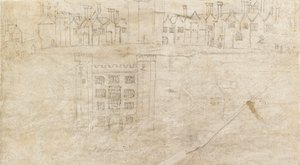 Edifícios ao longo da frente sul do Palácio de Oatlands, década de 1550 de Anthonis van den Wyngaerde