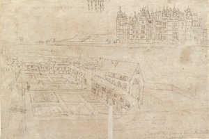 A frente do rio do Palácio de Richmond e Jardins Privados, década de 1550 de Anthonis van den Wyngaerde