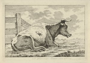 Vaca reclinada perto de uma vedação
Estudos de vacas, ovelhas e cabras (título da série)