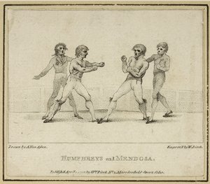 Humphreys e Mendoza, gravada por William Birch, publicada em 1792 (litho) de Anthony van (after) Assen