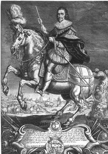 Retrato equestre de George Villiers (1592-1628) 1º Duque de Buckingham, gravado por Willem de Passe (1598-1637) 1625 (gravura)
