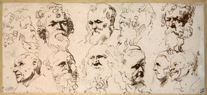 Onze estudos de cabeça (caneta e tinta marrom sobre papel) de Anthony van Dyck