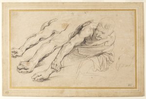 Figura de um homem curvado para a frente com o braço direito estendido; três estudos do braço direito e um da mão esquerda para a mesma figura (giz sobre papel) de Anthony van Dyck