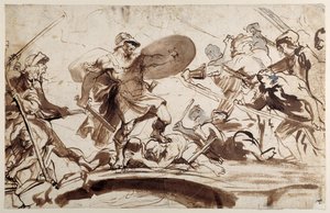 Horatius Cocles defendendo a Ponte do Tibre (caneta e tinta com lavagem em papel) de Anthony van Dyck