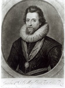 Retrato de Jaime I (1566-1625) depois de uma miniatura de Nicholas Hilliard (1547-1619) de 1617, gravada por George Vertue (1684-1756) de Anthony van Dyck