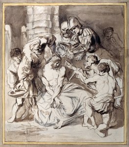 A troça de Cristo (caneta e tinta com lavagem sobre giz sobre papel) de Anthony van Dyck