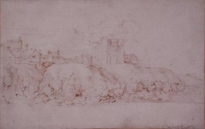A Torre Ypres, Rye, vista do Sul (caneta e tinta sobre papel) de Anthony van Dyck