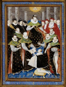 Rei Henrique III (1551-1589) presidindo a primeira cerimónia da Ordem do Espírito Santo (Ordem do Espírito Santo) em 1587 Miniatura de William Richardiere (século XVI) depois de Antoine Caron (1521-1599) 1587 Chantilly, Musee Conde - Rei Henrique III (15 de Antoine (after) Caron