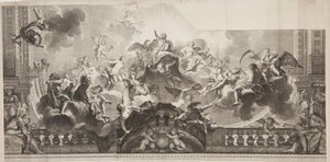 Design do Painel do Centro de Tecto da Grande Galeria do Palácio Real, gravado por Nicolas Henri Tardieu (1674-1749) de Antoine (after) Coypel