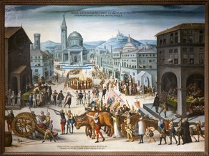Sac de Lyon pelos Calvinistas, em 1562. O iconoclasta protestante actua contra o culto das imagens religiosas da Igreja Católica. Durante a primeira guerra das religiões, as reformas lideradas pelo Barão des Adrets levaram a Câmara Municipal e os centros v de Antoine (school of) Caron