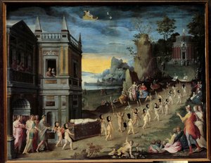 Alegoria: o funeral do Amor Uma procissão fúnebre carregando o corpo de Eros vai em direção ao templo de Vênus. Pintura da oficina de Antoine Caron (1521-1599) de Antoine (studio of) Caron