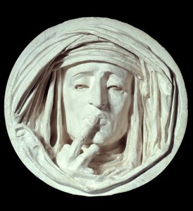 Silêncio Um gesto simbólico de um homem que põe um dedo na boca. Escultura em gesso de Auguste Preault (1809-1879) Paris do século XIX, Museu do Louvre de Antoine Augustin Preault
