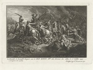 Vista da Batalha de Lauffeldt (Lafeld, perto de Maastricht) em 2 de julho de 1747 durante a Guerra da Sucessão Austríaca de Antoine Benoist
