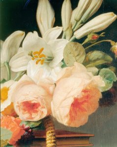 Bouquet de lírios e rosas num cesto sobre um chiffonnier (detalhe)