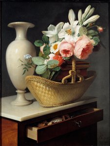 Bouquet de lírios e rosas num cesto colocado sobre um pano Pintura de Antoine Berjon (1754-1843) 1814 Sol. 0,66x0,49 m .