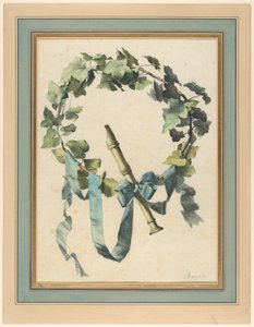 Desenho, Troféu com flauta, hera e fita azul, 1780-90 de Antoine Berjon