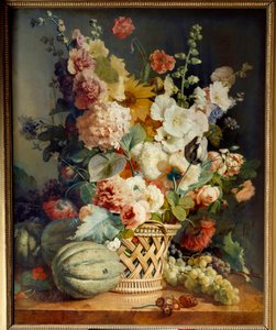 Flores e frutas em uma cesta de vime. Quadro de Antoine Berjon