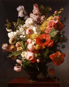 Natureza morta de flores de verão com peónias, íris e lilases. 1819. Pintura de Antoine Berjon (1754-1843) Coleção particular.