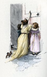 Josephine de Beauharnais a chorar com os seus filhos Hortense e Eugene à porta do quarto de Napoleão Bonaparte (1769-1821) recusando-se a abri-lo após ter aprendido aventuras extramatrimoniais durante a sua estadia no Egipto
