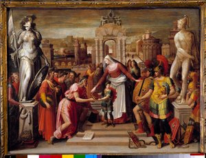 História da Rainha Artemise Iere de Halicarnasse: "A entrega do livro e a epee" Pintura de Antoine Caron (1521-1599) Sol do século XVI. 0,51x0,67 m Beauvais, Musee departemental de l