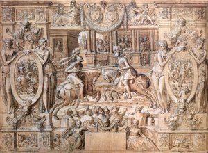 Torneio na Ocasião dos Casamentos de Catarina de Médicis (1519-1589) e Henri II (1519-1559) em 1533 (caneta e no papel) de Antoine Caron