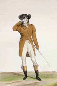Um Dandy vestido com um chapéu em forma de barco, uma jaqueta de cor parda e calções de pele de gamo, placa 1 da série de placas de moda "Incroyable et merveilleuses", gravada por Georges Jacques Gatine (1773-183).