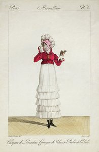 Uma senhora de chapéu levantino, uma saia em camadas e uma jaqueta de veludo, placa 6 da série de placas de moda "Incroyable et merveilleuse", gravada por Georges Jacques Gatine (1773-1831), publicada em 1797 de Antoine Charles Horace Vernet