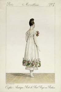 Uma senhora com um penteado asiático em um balldress aparado com fitas, placa 4 da série de placas de moda &39;Incroyable et merveilleuse&39;, gravada por Georges Jacques Gatine (1773-1831) publicado 1 de Antoine Charles Horace Vernet