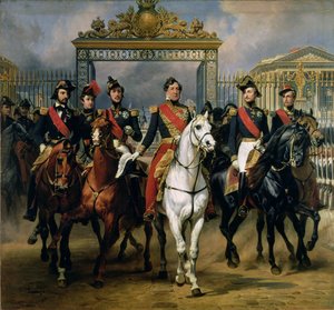 Rei Louis-Philippe (1773-1850) da França e seus filhos deixando o Chateau de Versailles a cavalo, em 1846
