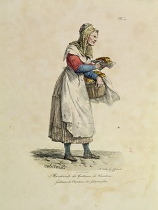 O vendedor de bolo de Nanterre, número 10 da série &39;Os gritos de Paris&39;, gravado por Francois Seraphin Delpech (1778-1825) (cor litho) de Antoine Charles Horace Vernet