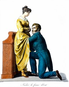 A tocar numa mulher de pé: Uma paciente consulta um médico que a ausculta debaixo do vestido. Gravura de Chazal (século XIX). Paris, Academia de Medicina