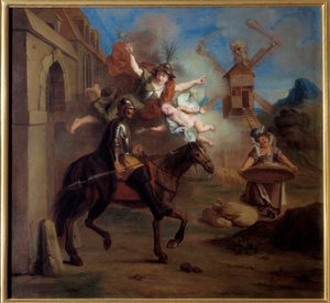 Dom Quixote, levado pela loucura, deixa sua casa para se tornar um cavaleiro errante. "O Engenhoso Cavalheiro Dom Quixote de La Mancha" de Miguel de Cervantes Saavedra (1547-1616). Pintura de Charles Antoine Coypel (1694-1752), entre 1716. Óleo sobre tela