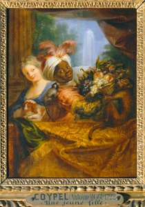 Jovem rapariga negra segurando um cesto de frutas e jovem rapariga acariciando um cão - Jeune noir tenant une corbeille de fruits et jeune fille caressant un chien ... de Antoine Coypel