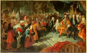O Rei Luís XIV (1638-1715) recebe o Embaixador Extraordinário da Pérsia Mehemet Reza Bey (Raza-Bey) na galeria do sorvete em Versalhes em 19/02/1715 Pintura atribuída a Antoine Coypel (1661-1722) Sol. 0,7x1,5 m